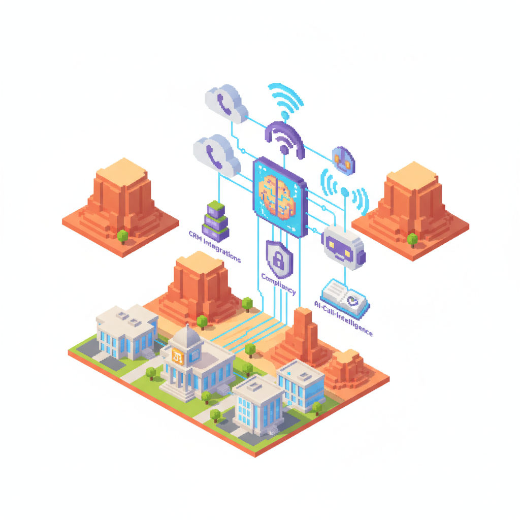 Pixel-art illustration for Mesa AZ Managed IT Services for Law Firms: Compliance & Security in Mesa, AZ — cloud phones, network and AI call-intelligence icons.