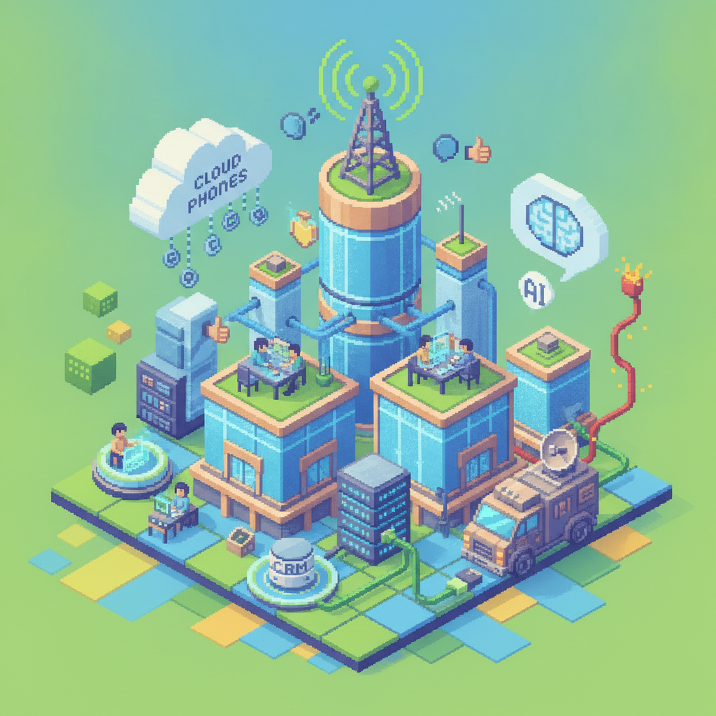 Pixel-art illustration for Reliable Cellular Internet Backup for Business Continuity — cloud phones, network and AI call-intelligence icons.