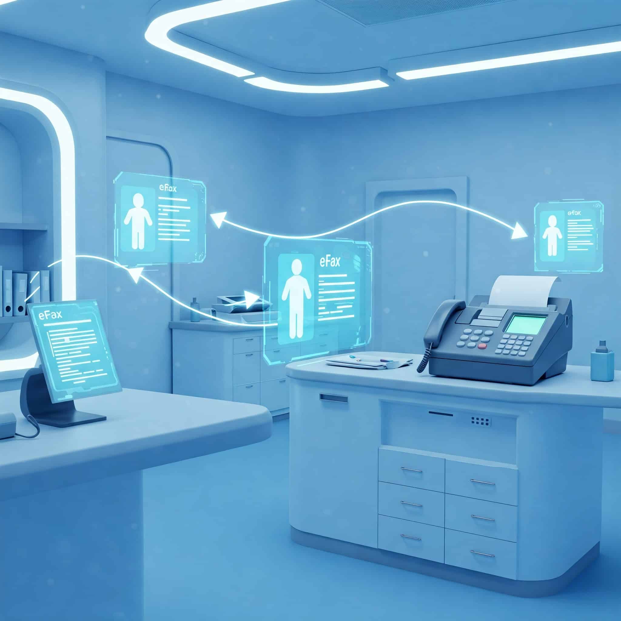 Futuristic medical office with sleek, high-tech equipment, featuring digital eFax data floating between devices, symbolizing seamless electronic faxing and efficient healthcare communication.