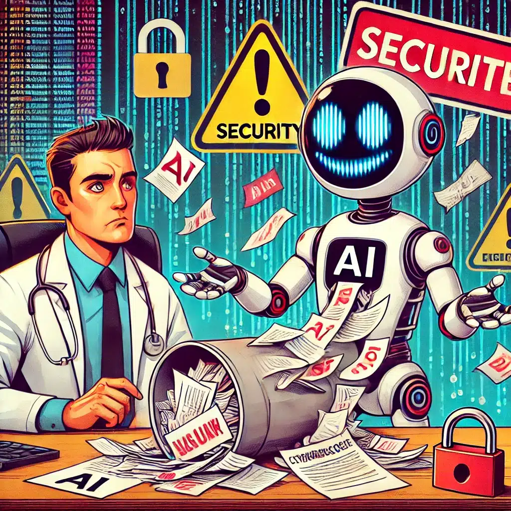 A satirical illustration of AI security risks in medical and legal offices. A doctor looks frustrated as a mischievous AI robot gleefully spills patient records and legal documents into a trash bin. Warning signs, cybersecurity symbols, and floating documents emphasize data breaches and compliance concerns in healthcare and law.