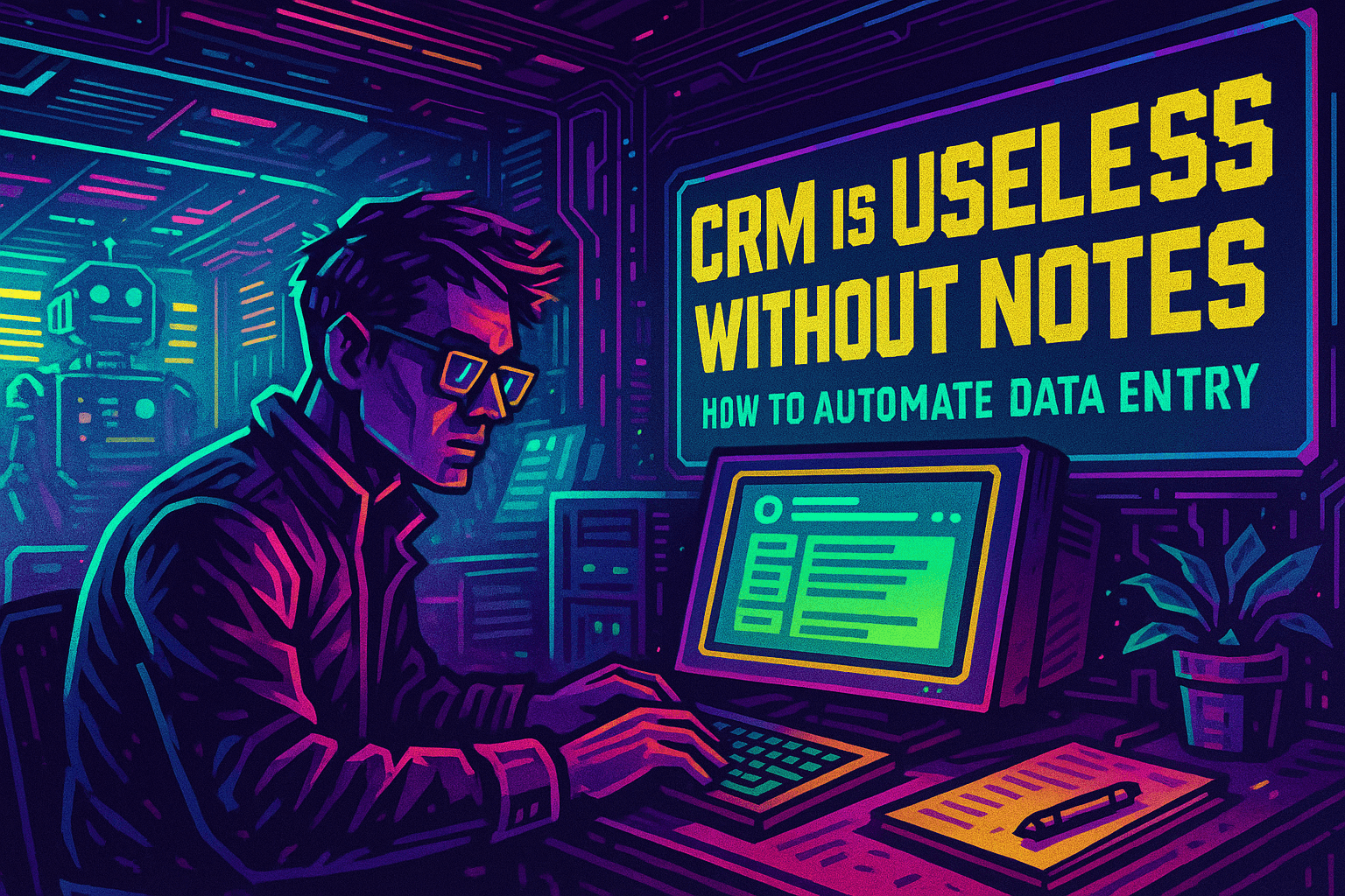 Cyberpunk-style illustration showing a stressed recruiter typing on an old keyboard with an empty CRM screen warning “No Data Entered — No Deals” on the left, and a glowing futuristic Voipcom AI robot on the right projecting a holographic AI call summary directly into the CRM dashboard. Neon lights and futuristic cityscape in the background.