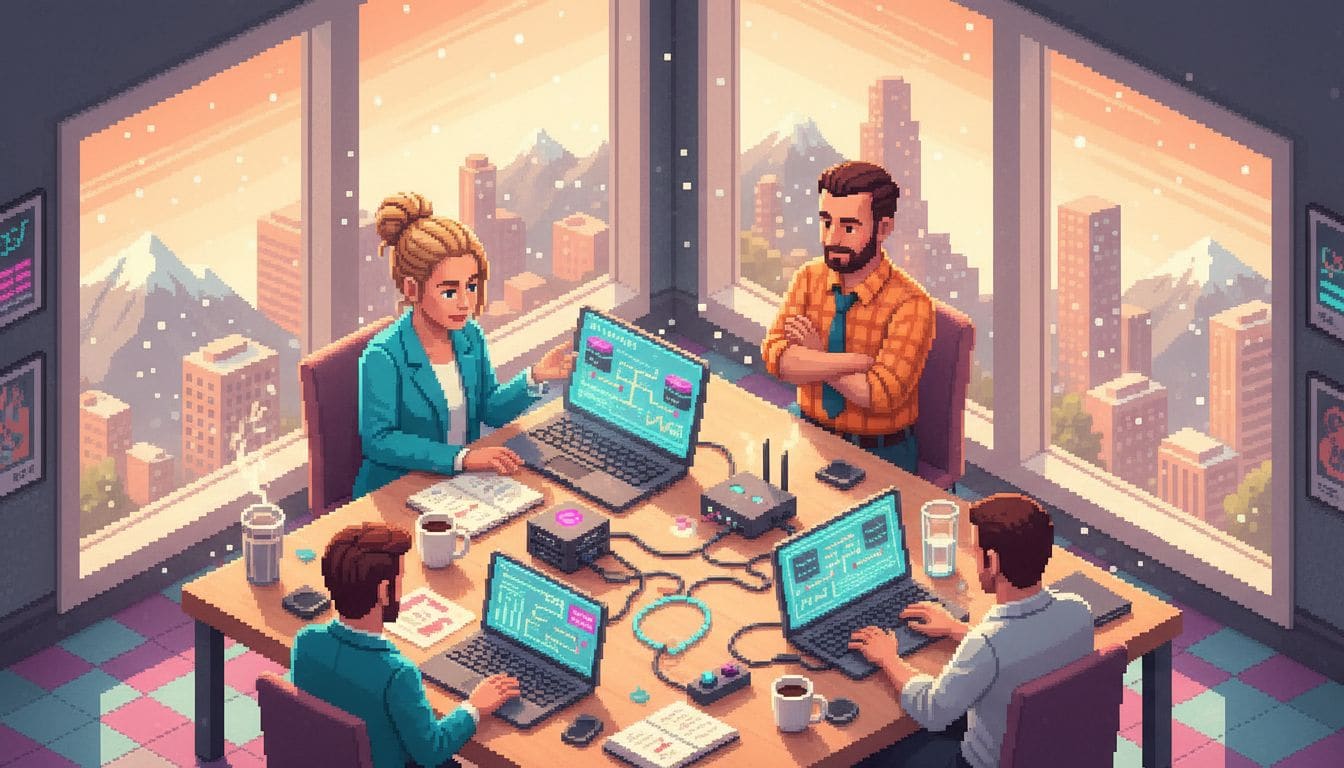 Small business team using VoIP phone in corner office