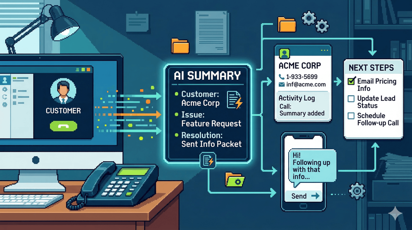 Pixel art illustration showing a business phone call turning into an AI summary, CRM update, and follow-up tasks.