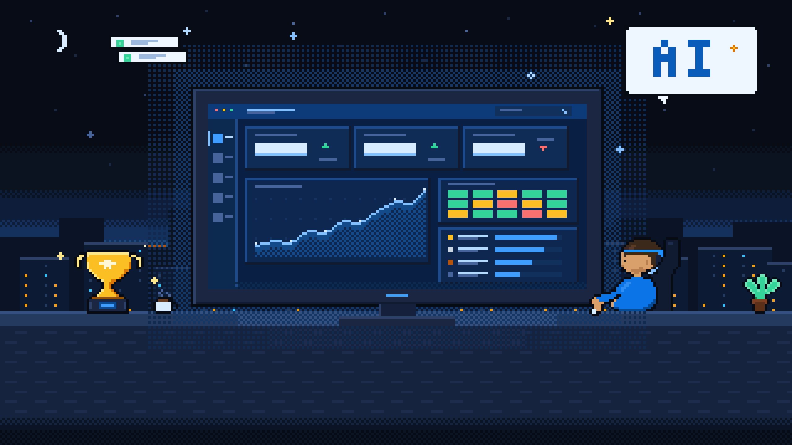 Pixel art illustration of a manager reviewing the Voipcom AI Manager Portal at night: an ultrawide dashboard with a rising trend chart, adherence heatmap, and leaderboard, beside a gold trophy and coffee over a city skyline.